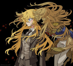 1girl black_jacket black_necktie blonde_hair blood blood_from_mouth blue_eyes blue_jacket closed_mouth collared_shirt floating_hair grey_pants grey_vest hair_between_eyes highres jacket long_hair long_sleeves meremero necktie open_clothes open_jacket oscar_francois_de_jarjayes pants shirt twitter_username versailles_no_bara very_long_hair vest white_pants white_shirt wing_collar