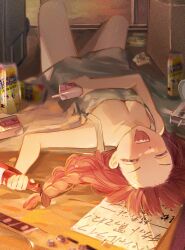 1girl absurdres alcohol_carton bocchi_the_rock! bottle braid breasts can cleavage closed_eyes dress drunk female_focus forehead green_dress guitar highres hiroi_kikuri holding holding_bottle holding_carton instrument lying medium_breasts on_back on_floor open_mouth oyaji_hime red_hair sharp_teeth single_braid solo strong_zero teeth thighs