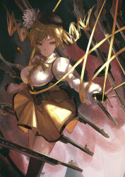 1girl aster_(teslavision) black_hat blonde_hair brown_gloves commentary corset drill_hair fingerless_gloves gloves gun hair_ornament hat highres looking_at_viewer magical_girl mahou_shoujo_madoka_magica mahou_shoujo_madoka_magica_(anime) puffy_sleeves ribbon skirt solo soul_gem tomoe_mami tomoe_mami_(magical_girl) twin_drills weapon yellow_eyes yellow_ribbon yellow_skirt
