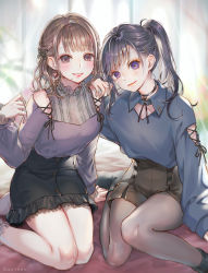 2girls ao+beni artist_name black_hair black_legwear black_skirt blue_shirt blush brown_eyes brown_hair choker clothing_cutout commentary_request curtains earrings frilled_shirt_collar frills grin hair_ornament half_updo hand_on_another&#039;s_shoulder hand_up heart heart_earrings highres jewelry lace lace-trimmed_skirt lace-up_sleeves lace_trim long_hair long_sleeves looking_at_viewer multiple_girls original pantyhose ponytail purple_eyes purple_shirt shirt shoulder_cutout single_sidelock sitting skirt smile socks_over_pantyhose x_hair_ornament