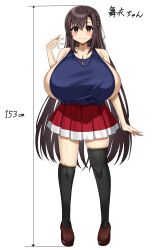 1girl absurdres arm_at_side arrow_(symbol) asymmetrical_legwear bare_arms bare_shoulders bashou_mai black_socks black_thighhighs blue_tank_top blush breasts brown_hair brown_shoes character_name cleavage closed_mouth collarbone commentary crossed_bangs full_body gigantic_breasts hair_between_eyes hand_up height height_mark highres huge_breasts jewelry kneehighs long_hair looking_at_viewer original pendant pleated_skirt shiny_skin shoes sideboob sideless_outfit sidelocks simple_background single_kneehigh single_sock single_thighhigh skindentation skirt socks solo standing straight-on swept_bangs tank_top thighhighs thighs translated uneven_legwear very_long_hair white_background white_trim yellow_eyes zawashi_(zawashio1013)