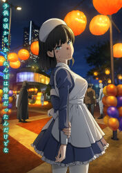 akagi_ikumi apron balloon black_hair blood blood_on_face blue_dress blue_eyes building collared_dress cowboy_shot dress expressionless frilled_dress frills from_behind halloween halloween_bucket halloween_costume hand_on_own_wrist hat jack-o&#039;-lantern japanese_clothes juliet_sleeves key_visual kimono lamppost lantern long_sleeves looking_at_viewer looking_to_the_side multiple_boys multiple_girls mummy_costume night nurse nurse_cap official_art outdoors pantyhose pleated_dress promotional_art puffy_sleeves road seishun_buta_yarou short_hair sidelocks solo_focus standing street tree utility_pole white_apron white_hat white_pantyhose