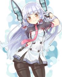 &gt;:) 10s 1girl adjusting_hair black_pantyhose blunt_bangs blush bodysuit breasts brown_eyes buttons colored_eyelashes contrapposto cowboy_shot dress female_focus gloves hair_ribbon hand_on_own_hip headgear kantai_collection light_smile long_hair looking_at_viewer murakumo_(kancolle) murakumo_kai_ni_(kancolle) naka_akira necktie orange_eyes pantyhose ribbon sailor_dress school_uniform serafuku short_eyebrows sidelocks silver_hair simple_background small_breasts smile solo standing tassel tress_ribbon turtleneck v-shaped_eyebrows very_long_hair