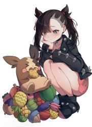 &gt;_&lt; 1girl aguav_berry aspear_berry asymmetrical_bangs berry_(pokemon) black_choker black_footwear black_hair black_jacket blush chesto_berry choker dress eating food fruit full_body gen_8_pokemon green_eyes hair_ribbon jacket looking_at_another lum_berry lunia marnie_(pokemon) morpeko morpeko_(full) nanab_berry nintendo pinap_berry pink_dress pokemon pokemon_(creature) pokemon_swsh razz_berry red_ribbon ribbon short_hair simple_background squatting undercut white_background