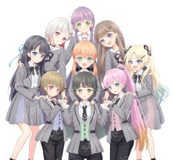3rd_live_tour_try_tri_unity!!! 6+girls :d :o anyoji_hime birdcage_(love_live!) black_bow black_bowtie black_hair black_necktie black_pants black_ribbon black_socks blazer blonde_hair blue_cardigan blue_hair blue_ribbon blunt_bangs blush bob_cut bow bowtie braid brown_hair cardigan closed_mouth collared_shirt colored_inner_hair commentary_request diagonal_bangs double_bun dress dress_shirt fujishima_megumi gradient_hair green_cardigan grey_bow grey_bowtie grey_dress grey_hair grey_jacket grey_ribbon grey_skirt group_picture hair_bun hair_intakes hair_ornament hair_ribbon hairclip half_updo hanamusubi_(love_live!) hanazora_satsuki hand_on_another&#039;s_shoulder hands_on_another&#039;s_shoulders high_ponytail highres hinoshita_kaho holding_hands inverted_bob jacket josho_kiryu_(love_live!) kachimachi_kosuzu kneeling light_blue_hair link!_like!_love_live! looking_at_viewer love_live! low_twin_braids low_twintails miniskirt momose_ginko multicolored_hair multiple_girls murano_sayaka necktie official_alternate_costume official_alternate_hairstyle open_clothes open_jacket open_mouth orange_hair osawa_rurino otomune_kozue pants parted_bangs parted_lips pink_bow pink_bowtie pink_cardigan pink_hair pleated_skirt ponytail red_hair ribbon sailor_collar sample_watermark shirt short_hair short_necktie side_ponytail sidelocks simple_background single_side_bun skirt smile socks split_mouth standing star_(symbol) star_hair_ornament twin_braids twintails virtual_youtuber watermark watermark_grid white_background white_sailor_collar white_shirt yugiri_tsuzuri
