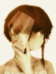 1girl blood blood_on_face blurry breasts broken_glass brown_eyes brown_hair camisole closed_mouth crazy expressionless glass glass_shard glass_shards hair_over_shoulder hand_up highres holding holding_glass_shard iwakura_lain left-handed looking_at_viewer looking_to_the_side medium_breasts mirror parted_lips ranm12s reflection serial_experiments_lain shards simple_background single_sidelock smile solo spaghetti_strap upper_body white_background white_camisole