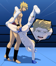 2boys artist_request ball_busting fingerless_gloves gloves handstand multiple_boys multiple_views squeezing_testicles testicles wrestling wrestling_ring
