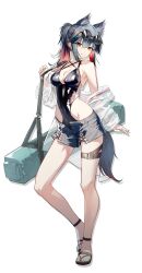 1girl absurdres animal_ear_fluff animal_ear_piercing animal_ears arknights black_hair black_one-piece_swimsuit black_tail breasts cleavage closed_mouth covered_navel eyewear_on_head fingernails full_body grey_shorts hair_between_eyes highres holding_strap long_sleeves looking_at_viewer medium_breasts multicolored_hair off_shoulder one-piece_swimsuit open_fly red_hair round_eyewear sandals see-through_clothes see-through_sleeves shiny_clothes shirt short_shorts shorts sidelocks simple_background solo standing sunglasses swimsuit tail texas_(arknights) thigh_strap toenails toes two-tone_hair white_background white_shirt wolf_ears wolf_girl wolf_tail yellow_eyes yukibanashi