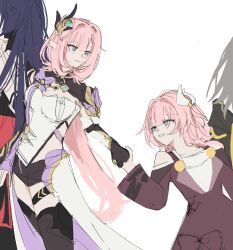 4girls absurdres black_boots black_gloves black_shorts blue_eyes boots breasts cleavage coat color_connection company_connection corset cyrene_(honkai:_star_rail) dress elf elysia_(honkai_impact) elysia_(miss_pink_elf)_(honkai_impact) gloves grey_hair hair_color_connection hair_ornament highres holding_hands honkai:_star_rail honkai_(series) honkai_impact_3rd inoue_marina large_breasts looking_at_another medium_hair multiple_girls pink_hair pointy_ears ponunu purple_coat purple_hair raiden_mei raiden_mei_(herrscher_of_thunder) shorts shrug_(clothing) simple_background small_breasts smile stelle_(honkai:_star_rail) trailblazer_(honkai:_star_rail) voice_actor_connection white_background white_corset white_dress yanning