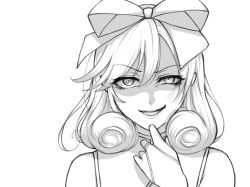 Rule 34 | 1girl, bow, bridal gauntlets, commentary request, curly hair, evil grin, evil smile, greyscale, grin, hair bow, haruka (senran kagura), highres, large bow, lemonrou, looking at viewer, medium hair, monochrome, senran kagura, shaded face, smile, solo, upper body
