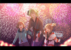 1girl 2boys :d absurdres aerial_fireworks blue_jacket brown_hair closed_eyes commentary_request fireworks green_hair hair_between_eyes happy highres hilbert_(pokemon) hilda_(pokemon) hilda_(summer_2022)_(pokemon) jacket japanese_clothes kimono kuritiizu letterboxed mask mask_on_head multiple_boys n_(pokemon) n_(summer_2022)_(pokemon) night nintendo official_alternate_costume open_mouth outdoors pants pokemon pokemon_bw pokemon_masters_ex short_hair shorts sidelocks sky smile white_jacket white_shorts zipper_pull_tab