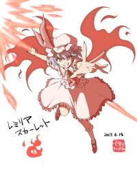 Rule 34 | 1girl, bat wings, blue hair, brooch, holding, holding weapon, inuno rakugaki, jewelry, looking at viewer, one-hour drawing challenge, pink shirt, pink skirt, remilia scarlet, shirt, skirt, smile, solo, teeth, touhou, weapon, wings