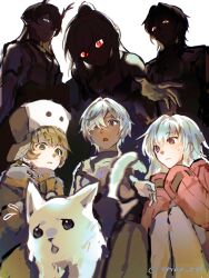 3boys 3girls arlan_(honkai:_star_rail) blade_(honkai:_star_rail) blonde_hair clara_(honkai:_star_rail) coat dan_heng_(honkai:_star_rail) dan_heng_(imbibitor_lunae)_(honkai:_star_rail) dog flying_sweatdrops green_eyes hat highres honkai:_star_rail honkai_(series) hook_(honkai:_star_rail) jingliu_(honkai:_star_rail) multiple_boys multiple_girls peppy_(honkai:_star_rail) red_coat red_eyes scar scar_on_face shaded_face trina_tsk7 white_background white_hair yellow_eyes