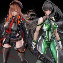 2girls black_hair black_jacket black_thighhighs blood_edge_(stellar_blade) breasts brown_eyes choker eve_(stellar_blade) gloves goddess_of_victory:_nikke hat highres holding holding_sword holding_weapon jacket kyel_hyde large_breasts long_hair military_hat multiple_girls orange_eyes orange_hair planet_diving_suit_(7th)_(stellar_blade) ponytail rapi_(nikke) simple_background skin_tight stellar_blade sword tagme thighhighs thighs weapon