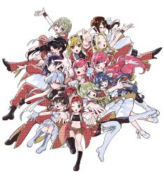 6+girls ;d alternate_costume black_footwear black_gloves black_hair blonde_hair blue_eyes boots brown_hair closed_eyes coat commentary_request crop_top dress eiai_nano fingerless_gloves flower glasses gloves green_eyes grey_hair hair_flower hair_ornament hanazono_hahari hanazono_hakari hand_on_own_cheek hand_on_own_face haraga_kurumi highres iin_chiyo inda_karane kakure_meme kimi_no_koto_ga_dai_dai_dai_dai_daisuki_na_100-nin_no_kanojo light_brown_hair long_hair looking_at_viewer medium_hair meido_mei midriff multiple_girls navel nozawa_yukiko one_eye_closed open_mouth oragamura999 outstretched_arm outstretched_arms pants pink_hair plaid_clothes plaid_pants reaching reaching_towards_viewer red_coat red_eyes red_hair red_pants short_hair simple_background smile sutou_iku thigh_boots unmoving_pattern utsukushisugi_mimimi v white_background white_gloves yakuzen_kusuri yamato_nadeshiko_(hyakkano) yoshimoto_shizuka