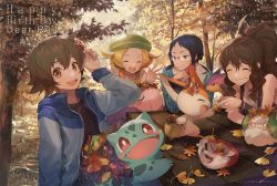 2boys 2girls autumn_leaves beret bianca_(pokemon) black_shirt blonde_hair blouse breasts bulbasaur cheren_(pokemon) cottonee creatures_(company) dress flipped_hair game_freak gen_1_pokemon gen_5_pokemon green_hat hair_ornament hat hilbert_(pokemon) hilda_(pokemon) leaf leaf_hair_ornament legendary_pokemon liepard long_hair medium_hair melso multiple_boys multiple_girls musharna mythical_pokemon nintendo open_mouth outdoors pokemon pokemon_(creature) pokemon_bw shirt short_hair smile unworn_hat unworn_headwear victini
