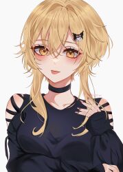 1girl absurdres black_choker black_shirt blonde_hair choker commentary genshin_impact hair_ornament hairclip highres hotaboshi_yazuki kuromi long_sleeves looking_at_viewer lumine_(genshin_impact) nail_polish onegai_my_melody pink_nails sanrio shirt short_hair_with_long_locks sidelocks simple_background sleeves_past_wrists solo tongue tongue_out twitter_username upper_body white_background yaduki100 yellow_eyes