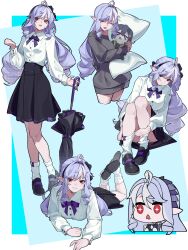 1girl :d absurdres ahoge breasts chibi chibi_inset dakimakura_(object) drill_hair drooling eyeshadow grin hair_intakes highres holding holding_umbrella long_hair looking_at_viewer loose_socks lying makeup medium_breasts mouth_drool multiple_views on_stomach open_mouth pillow pointy_ears purple_hair red_eyes smile socks twin_drills umbrella vivian_banshee zenless_zone_zero zhileng_zhil