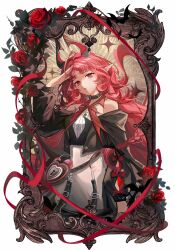 1girl absurdres arknights arm_up bare_shoulders black_collar border bright_pupils chinese_commentary collar commentary_request cowboy_shot flower highres infection_monitor_(arknights) keyhole light_particles long_hair long_sleeves looking_at_viewer nymph_(arknights) open_mouth ornate_border pink_eyes pink_hair pointy_ears red_flower red_rose rose salute solo standing strap white_border white_pupils xuan_xuan_xuan_za