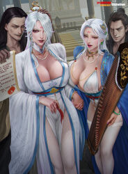 2boys 2girls blue_kimono bracelet braid breasts church_interior cleavage defeat detached_collar facial_mark fanbox_username forehead_mark goatwillow hair_over_one_eye highres holding holding_instrument holding_paper human_trafficking indoors instrument japanese_clothes japanese_text jewelry kimono large_breasts long_hair multiple_boys multiple_girls necklace obi original paper patreon_username red_eyes revealing_clothes sash slave sweat thighhighs tiara white_hair white_kimono white_thighhighs