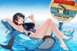 1girl absurdres armpits bamboo_tac barefoot black_hair black_one-piece_swimsuit blush breasts colored_inner_hair ellen_joe fins fish_tail highleg highleg_one-piece_swimsuit highres innertube large_breasts looking_at_viewer multicolored_hair one-piece_swimsuit red_eyes red_hair shark_girl shark_tail short_hair sign solo swim_ring swimsuit tail water zenless_zone_zero