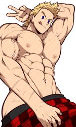 Rule 34 | 1boy, :p, abs, absurdres, arm up, artist name, ass, bara, blonde hair, blue eyes, boku no hero academia, boxers, crotch grab, highres, kuroshinki, large pectorals, licking lips, male focus, male underwear, muscular, navel, nipples, pectorals, red male underwear, scar, scar on arm, short hair, simple background, smile, solo, togata mirio, tongue, tongue out, topless male, underwear, underwear only, undressing, v, veins, white background