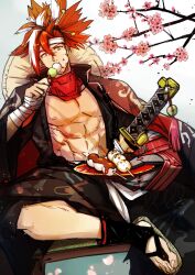 1boy abs ahappycatroy alchemy_stars bandaged_hand bandages cherry_blossoms chinese_commentary commentary_request dango eating food hat hat_on_back highres holding holding_food holding_plate katana looking_at_viewer male_focus multicolored_hair muscular muscular_male nipples official_alternate_costume open_clothes open_shirt pectorals plate ponytail prosthesis prosthetic_arm red_hair sanshoku_dango sheath sheathed sinsa_(alchemy_stars) sinsa_(wasteland_ronin)_(alchemy_stars) sitting skewer slippers straw_hat streaked_hair sword wagashi weapon