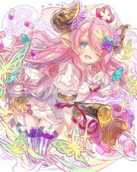 Rule 34 | 1girl, :d, animal, blue eyes, breasts, bug, butterfly, commentary request, dress, garter straps, granblue fantasy, hair over one eye, haku (sabosoda), hat, highres, horns, insect, katana, large breasts, large syringe, looking at viewer, narmaya (granblue fantasy), nurse, nurse cap, open mouth, oversized object, pill, pink hair, pointy ears, puffy short sleeves, puffy sleeves, sheath, sheathed, short sleeves, smile, solo, striped clothes, striped thighhighs, sword, syringe, thermometer, thighhighs, vertical-striped clothes, vertical-striped thighhighs, weapon, white background, white dress
