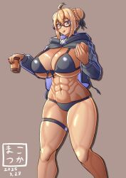 1girl abs ahoge artoria_pendragon_(fate) blonde_hair bra crumbs cup disposable_cup fate/grand_order fate_(series) food glasses hair_bun highres holding holding_cup makotsuka muscular muscular_female mysterious_heroine_x_alter_(fate) mysterious_heroine_xx_alter_(fate) open_clothes open_shirt signature steamed_bun swimsuit tan thighs tongue tongue_out underwear yellow_eyes