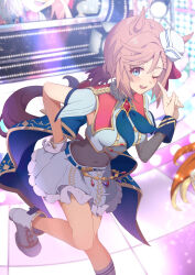1girl animal_ears blue_eyes blue_neckerchief blue_shirt blue_skirt blush braid braided_bangs brown_hair chahanramen commentary_request covered_navel crop_top cropped_shirt diamond_(shape) dixie_cup_hat ears_through_headwear gem gloves hand_on_own_hip hat highres horse_ears horse_girl horse_tail index_finger_raised layered_skirt looking_at_viewer military_hat neckerchief one_eye_closed open_mouth pleated_skirt ponytail red_gemstone shirt short_ponytail single_glove skirt smile solo stage standing standing_on_one_leg tail umamusume venus_paques_(umamusume) white_footwear white_gloves white_hat