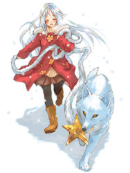 1girl animal blush christmas_ornaments closed_eyes coat female_focus miniskirt open_mouth original outdoors pantyhose sakamoto_atsumu scarf silver skirt snowing solo star_(symbol) white_background white_theme winter wolf