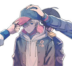 Rule 34 | 4boys, adjusting clothes, adjusting headwear, ahoge, arms at sides, back-to-back, badge, baseball cap, black hair, borrowed accessory, brothers, buster bros!!!, button badge, choker, colored skin, commentary request, dark persona, dual persona, fingernails, gakuran, grey skin, hair between eyes, hat, headpat, hood, hood down, hoodie, hypnosis mic, hypnosis mic: dream rap battle, jacket, jacket over hoodie, jewelry, light frown, long sleeves, looking down, male focus, mole, mole under eye, mole under mouth, multiple boys, multiple moles, open clothes, open jacket, ppp can, raised inner eyebrows, red choker, ring, sad, school uniform, shade, siblings, simple background, solo focus, spoilers, thumb ring, two-sided fabric, two-tone hat, unbuttoned, upper body, white background, white hair, white hoodie, yamada ichiro, yamada jiro, yamada saburo, yellow hoodie, zipper