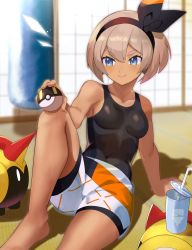 &gt;:) 1girl arm_support ball bare_arms bare_legs bare_shoulders barefoot bea_(pokemon) black_hairband black_ribbon blurry blurry_background blush breasts closed_mouth collarbone commentary_request covered_navel cup dark-skinned_female dark_skin depth_of_field disposable_cup drinking_straw falinks gen_8_pokemon hair_ribbon hairband highres holding holding_ball holding_poke_ball indoors katwo knee_up leaning_back looking_away looking_to_the_side nintendo on_floor poke_ball pokemon pokemon_(creature) pokemon_swsh ribbon sandbag short_hair short_shorts shorts silver_hair sitting sleeveless small_breasts smile tank_top thick_eyebrows ultra_ball white_shorts