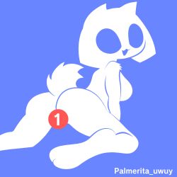 1girl absurdres artist_name blue_theme breasts cat_girl censored discord from_behind full_body furry furry_female highres looking_at_viewer looking_back monochrome novelty_censor open_mouth palmerita_uwuy self-upload smile solo watermark