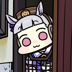 1girl :3 animal_ears blunt_bangs bow bowtie brown_hat chibi chibi_only commentary ear_bow gold_ship_(umamusume) grey_hair hat head_tilt headgear horse_ears horse_girl jazz_jack looking_at_viewer lowres photo-referenced pillbox_hat pink_eyes puffy_short_sleeves puffy_sleeves purple_bow purple_bowtie real_life sailor_collar school_uniform short_sleeves solo stable summer_uniform tracen_school_uniform umamusume upper_body white_sailor_collar wide_face