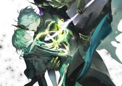 Rule 34 | 2boys, anaxa (honkai: star rail), aqua hair, armored gloves, black capelet, black cloak, black corset, black pants, blue eyes, blue vest, capelet, cloak, coreflame (honkai:star rail), corset, flame reaver of the deepest dark, glowing, glowing weapon, gold trim, hair between eyes, hair over shoulder, half mask, hand on another&#039;s back, hashtag-only commentary, highres, holding, holding another&#039;s waist, holding sword, holding weapon, honkai: star rail, honkai (series), hood, hooded cloak, looking at another, looking down, looking up, low ponytail, mask, multicolored eyes, multiple boys, pants, phainon (honkai: star rail), ponytail, purple eyes, reyka ru, short hair, spoilers, sword, theft, two-tone eyes, vest, weapon, white background, white hair