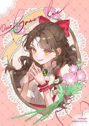 1girl absurdres bow brown_hair english_text gem green_gemstone hair_bow highres hw_1008 open_mouth original own_hands_together puffy_short_sleeves puffy_sleeves red_bow red_vest shirt short_sleeves smile solo teeth upper_body vest white_shirt yellow_eyes