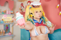 Rule 34 | 1girl, asian, blonde hair, breasts, chouzuki maryou, cosplay, female focus, food, highres, ice cream, lipstick, makeup, nitroplus, photo (medium), plump, solo, super pochaco, super pochaco (cosplay), thick thighs, thighs
