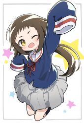 Rule 34 | 1girl, blush, brown hair, dot nose, female focus, grey skirt, highres, kibisake, legs, long hair, long sleeves, mikakunin de shinkoukei, mitsumine mashiro, sailor collar, school uniform, serafuku, skirt, solo, star (symbol), yellow eyes