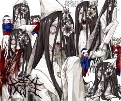 1girl blood blood_on_clothes blood_on_face brown_hair closed_eyes coat colored_sclera crying flesh flower grey_sclera hair_flower hair_ornament hair_over_one_eye hat long_hair long_sleeves open_mouth original pale_skin sharp_teeth tears teeth tongue tongue_out very_long_hair white_coat white_eyes white_flower white_hat wuwuren