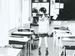 1girl absurdres backpack bag cardigan chair chalkboard classroom curtains dead_dead_demons_de_dedede_destruction desk greyscale highres hos1_i indoors long_hair looking_to_the_side monochrome nakagawa_ouran plant potted_plant school_chair school_desk school_uniform shirt shoes skirt socks solo table twintails window