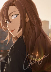 Rule 34 | 1girl, artist name, black jacket, blue eyes, blurry, brown hair, character name, closed mouth, depth of field, from behind, hagiwara chihaya, highres, jacket, lens flare, long hair, long sleeves, looking back, meitantei conan, outdoors, signature, solo, sooma4869, upper body