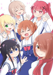 6+girls :3 ahoge arm_up black_hair blonde_hair blue_dress blue_eyes bow bowtie breasts brown_eyes brown_hair closed_eyes closed_mouth commentary_request dress fang green_eyes hair_between_eyes hair_ornament hair_over_one_eye hand_up hands_up highres himesaka_noa hoshino_hinata hoshino_miyako_(wataten) jacket konomori_kanon long_hair long_sleeves looking_at_viewer mukunoki_nanatsu multiple_girls one_eye_closed one_side_up open_mouth petals red_bow red_bowtie red_eyes red_hair red_jacket red_track_suit sailor_collar sailor_dress school_uniform shirosaki_hana shirt short_hair smile tanemura_koyori thick_eyebrows track_jacket track_suit twintails watashi_ni_tenshi_ga_maiorita! waving white_background white_sailor_collar white_shirt x_hair_ornament