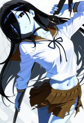 1girl absurdres black_choker black_eyes black_hair blue_skin choker collarbone colored_skin crop_top crop_top_overhang hair_over_one_eye highres holding holding_sword holding_weapon looking_at_viewer midriff_peek one_eye_covered original otokakoto pleated_skirt sailor_collar school_uniform serafuku skirt standing sword torn_clothes torn_skirt weapon