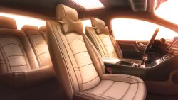 car car_interior car_seat day from_side glowing highres motor_vehicle no_humans non-web_source official_art orange_theme our_life:_beginnings_and_always pillow scenery skylight sunlight sunset wheel window_light