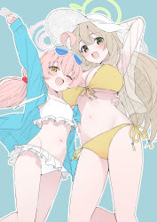 2girls :d ;d absurdres arm_up bikini blue_background blue_jacket blush breasts brown_hair commentary_request flat_chest frilled_bikini frills green_eyes green_halo hair_bobbles hair_ornament halo hat highres hoshino_(blue_archive) hoshino_(swimsuit)_(blue_archive) jacket large_breasts long_hair long_sleeves looking_at_viewer low_twintails mistel_(sukebemistel) multiple_girls navel nonomi_(blue_archive) nonomi_(swimsuit)_(blue_archive) official_alternate_costume one_eye_closed open_mouth pink_hair simple_background smile sunglasses swimsuit twintails v white_bikini white_halo white_hat yellow_eyes
