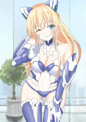 1girl artemisia_bell_ashcroft blonde_hair blue_eyes breasts date_a_live long_hair mecha_pilot_suit one_eye_closed solo sukima wink