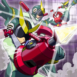 light_rays lowres mega_man_(classic) mega_man_(series) mega_man_ii multiple_boys napo quint_(mega_man) sunglasses weapon