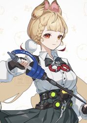 1girl alice_thymefield animal_ears black_bow black_bowtie black_gloves blonde_hair bow bowtie collared_shirt fingerless_gloves gloves hair_ornament heterochromia highres holding holding_sword holding_weapon long_hair looking_at_viewer pom_pom_(clothes) pom_pom_hair_ornament rapier shirt skirt smile suwa_(swk_kkk) sword twintails upper_body weapon white_shirt zenless_zone_zero