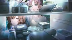 2girls absurdres asakura_toru bad_link black_shirt blue_eyes chocolate drink hair_ornament highres higuchi_madoka idolmaster idolmaster_shiny_colors mole multiple_girls official_art open_mouth refrigerator shirt suspenders yogurt